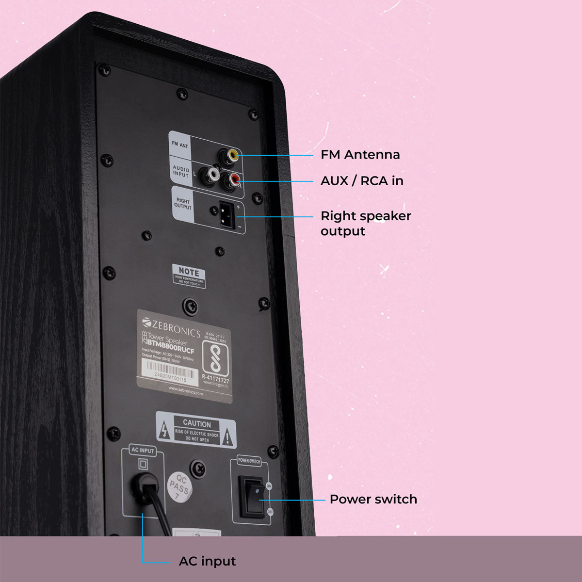 ZEB-BTM8800RUCF - Tower Speaker - Zebronics - backside controls and inputs