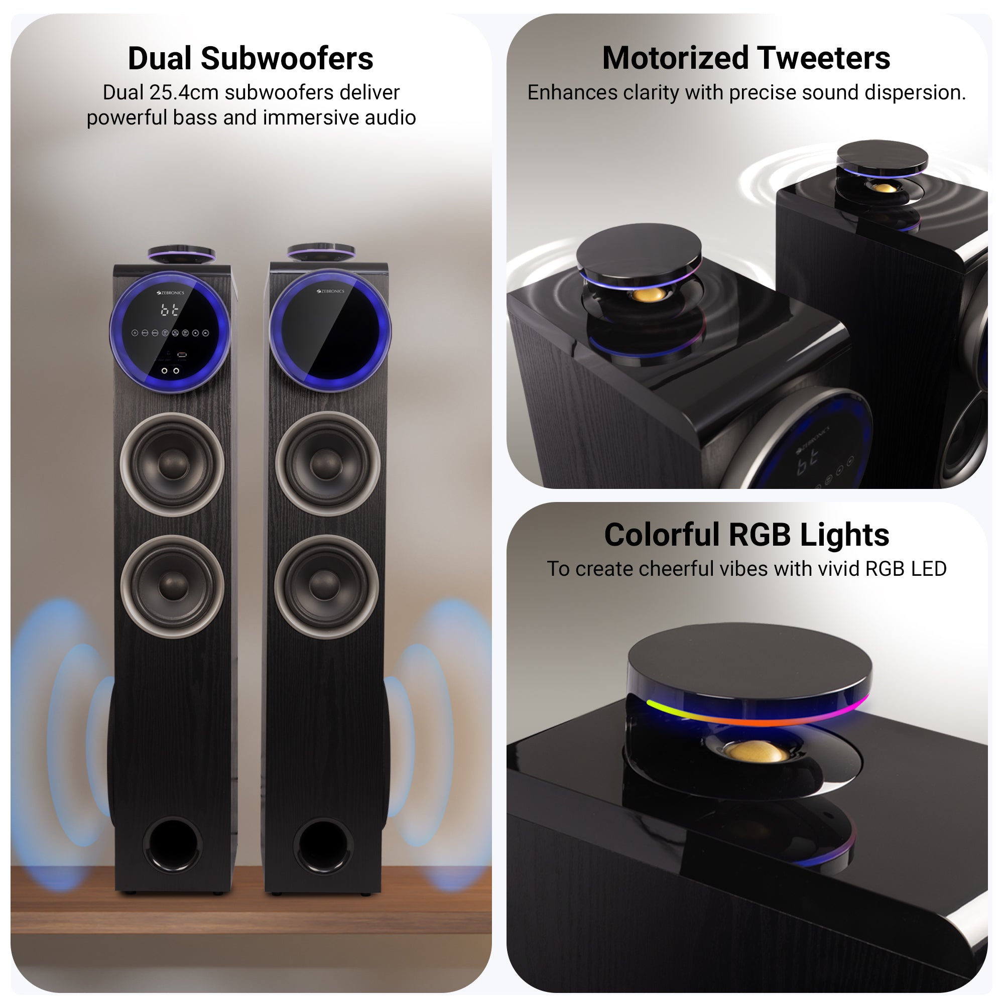 Zebronics - Zeb-BTM8801RUCF - Tower Speaker - Dual subwoofers - Motorized Tweeters - RGB LED lights