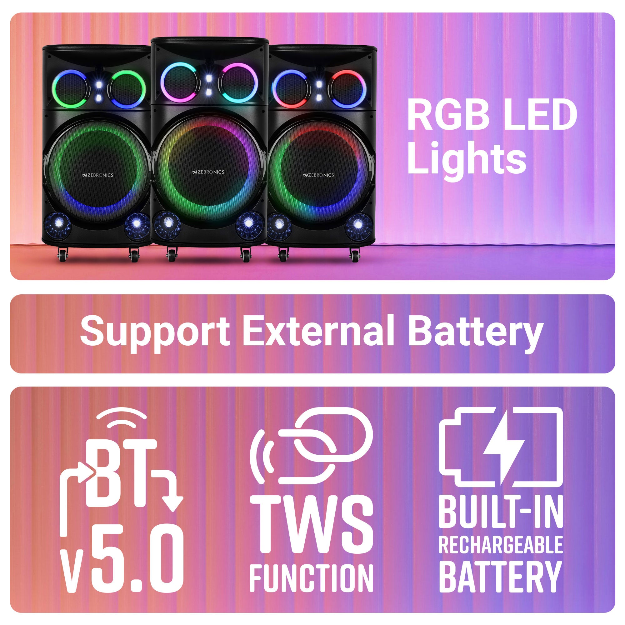 Zeb - Ginox Plus - Trolley Speaker - Zebronics - RGB LED lights and supports external battery
