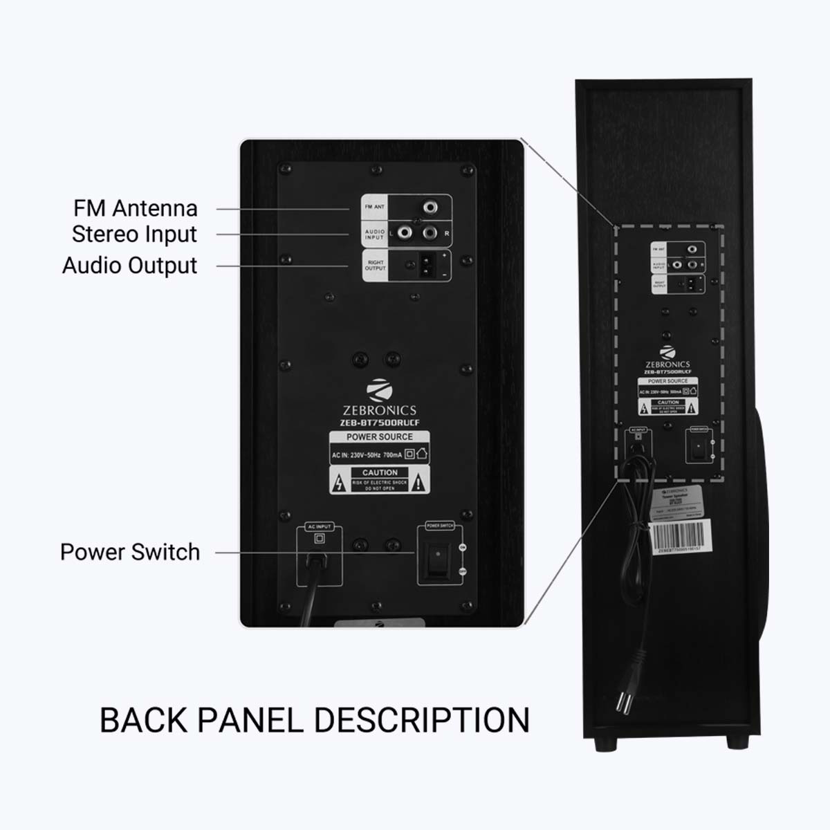 Zeb-BT7500RUCF - Tower Speaker - Zebronics - Back Panel description