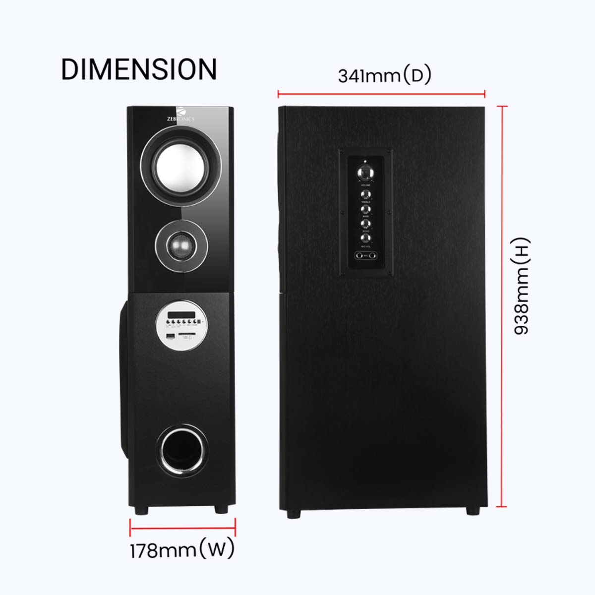 Zeb-BT7500RUCF - Tower Speaker - Zebronics - Product dimension