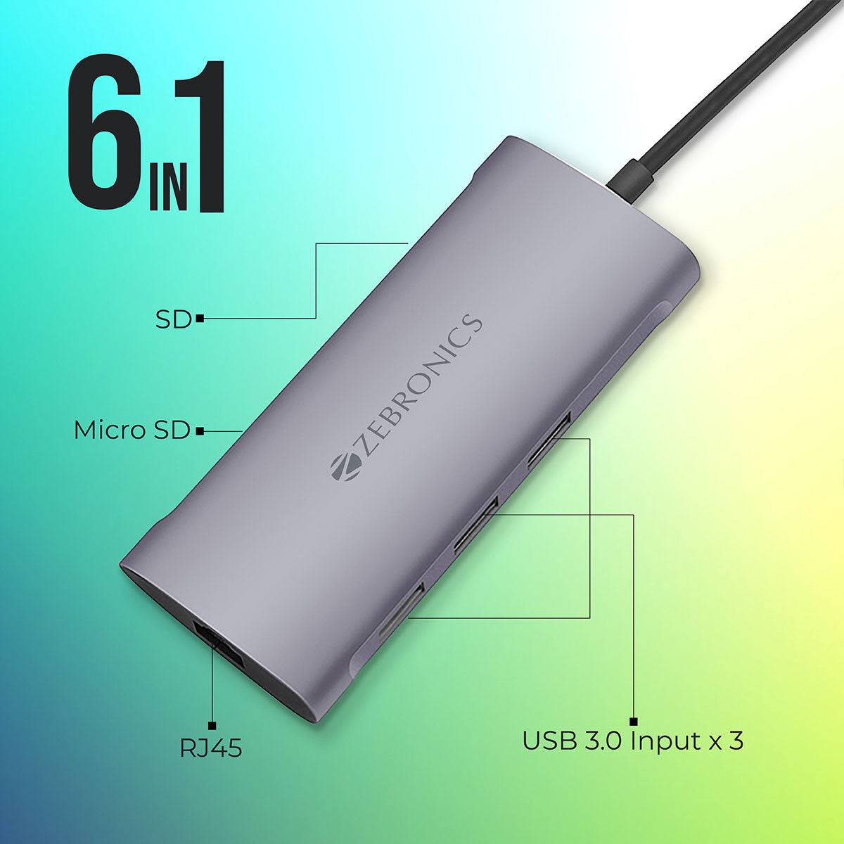 Zeb-TA1000UCL – 6 in 1 USB Type C Multiport Adapter with USB, SD, Micro SD, RJ45 Slots - Zebronics