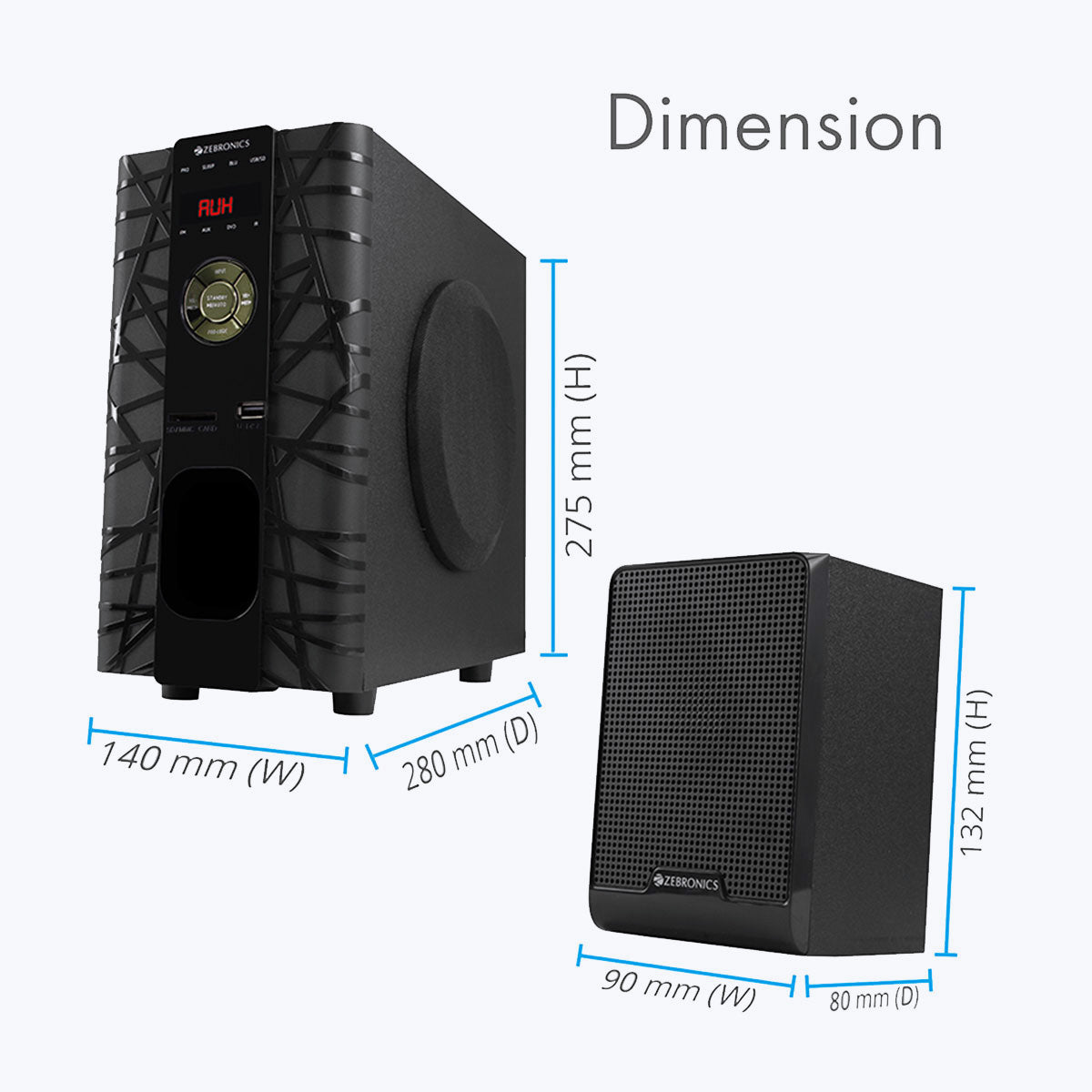 Zeb-BT6590RUCF - 5.1 Speaker - Zebronics - Subwoofer and satellite dimensions