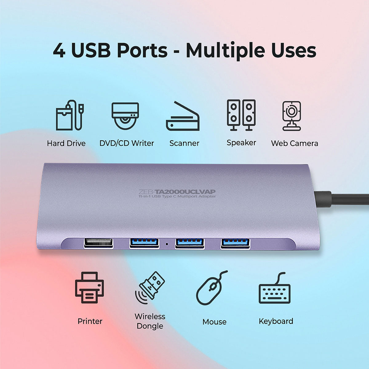 Zeb-TA2000UCLVAP – 11 in 1 USB Type C Multiport Adapter with USB, HDMI, VGA, 3.5mm, RJ45, SD, Micro SD, Type C PD - Zebronics