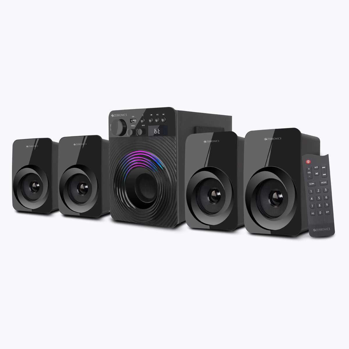 Zeb-Udaan Pro-4 - 4.1 Speaker - Zebronics - Subwoofer with four satellite and remote left side view