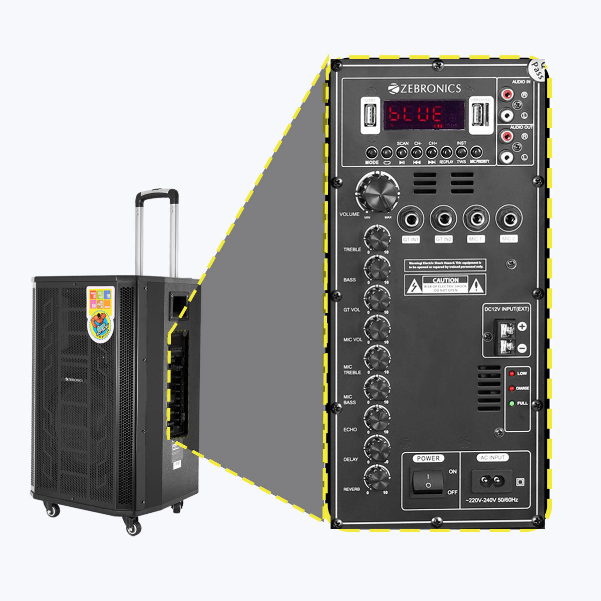 Metal Pro - Trolley DJ Speaker - Zebronics - Subwoofer backside panel description with LED display