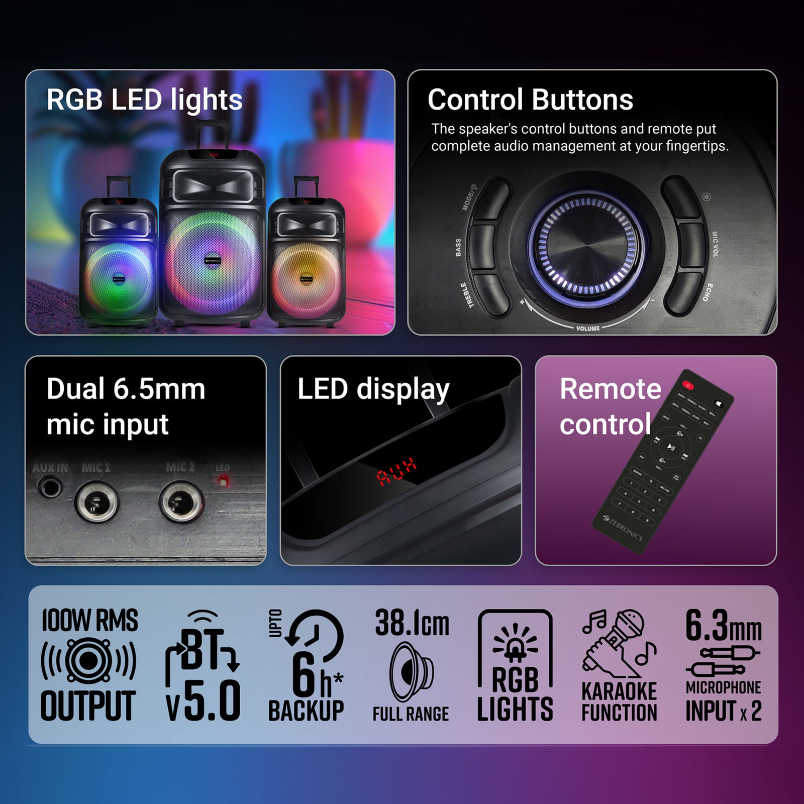Zebronics Octane Plus Trolley Speaker - 100W, karaoke, LED